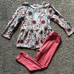 MEW Pete + Lucy 2pc Set Kids Camera Print Peplum Top & Pink Legging Matching Set